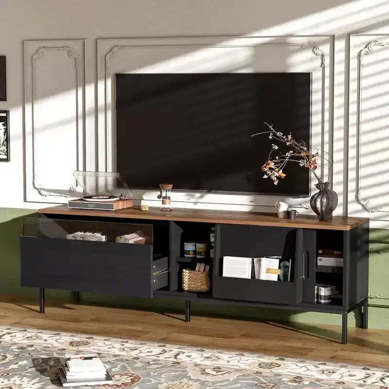 Meuble TV moderne pour téléviseurs jusqu'à 75 pouces, meuble de divertissement en bois de 180 cm avec rangement et porte coulissante, table console multimédia pour salon et chambre