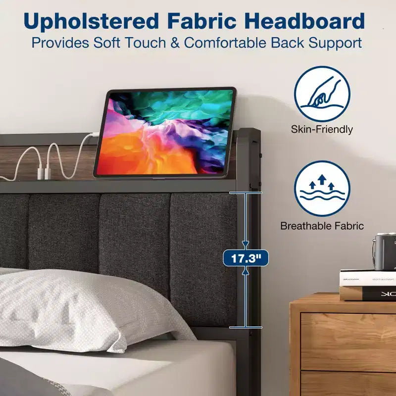 Lusimo Cadre de lit Twin XL, Lit plateforme rembourré avec tête de lit de rangement et station de charge