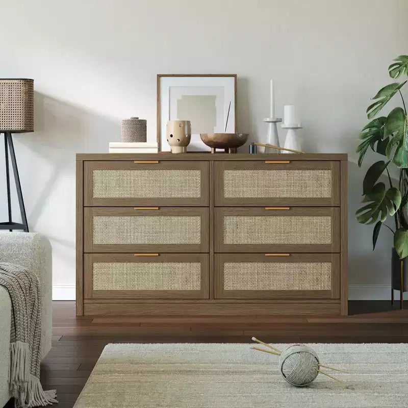 Commode à 6 tiroirs GustoWave pour chambre à coucher, commode en rotin de 133,8 cm de large, en bois avec poignées dorées, meuble TV de style ferme, table d'entrée, chiffonnier