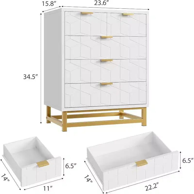 Commode de rangement moderne Acekool à 5 tiroirs avec poignées métalliques pour chambre, salon ou entrée - Blanc avec pieds en métal doré