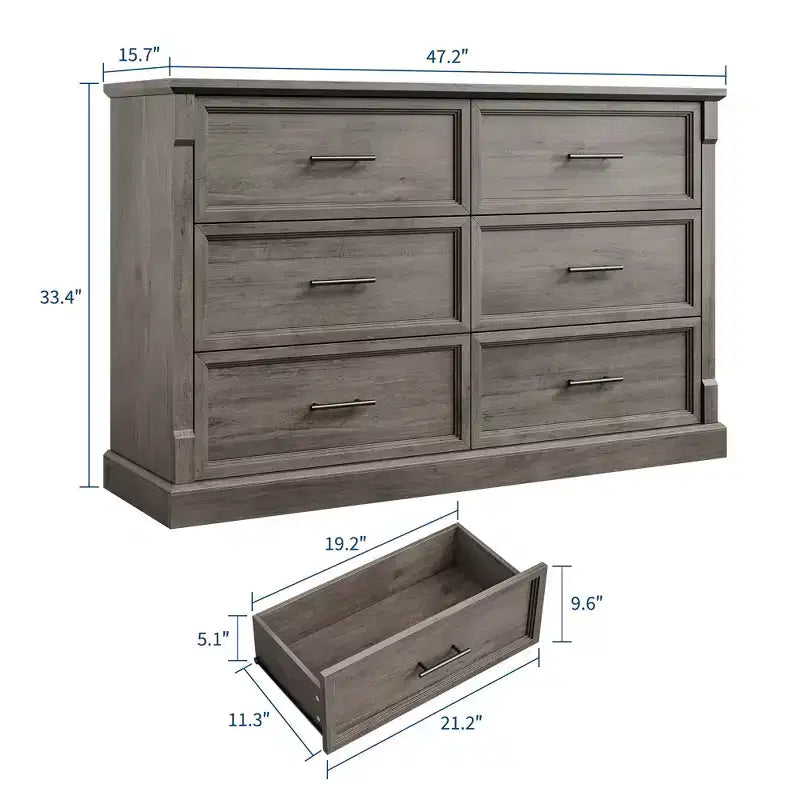 COZONY 47 Commode de ferme à 6 tiroirs, double commode rustique en bois avec poignées en métal pour chambre, salon et rangement de couloir