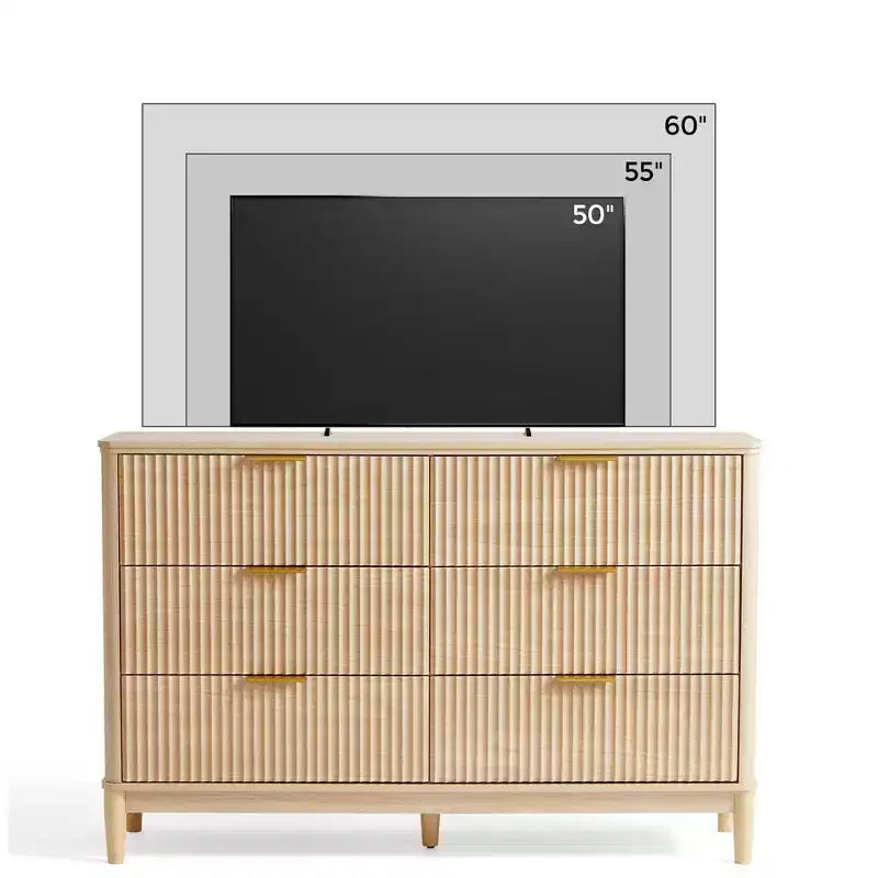 Commode LINSY HOME à 6 tiroirs cannelés pour chambre à coucher, grande commode de style moderne du milieu du siècle avec poignées en métal doré, commodes larges en bois de style bohème