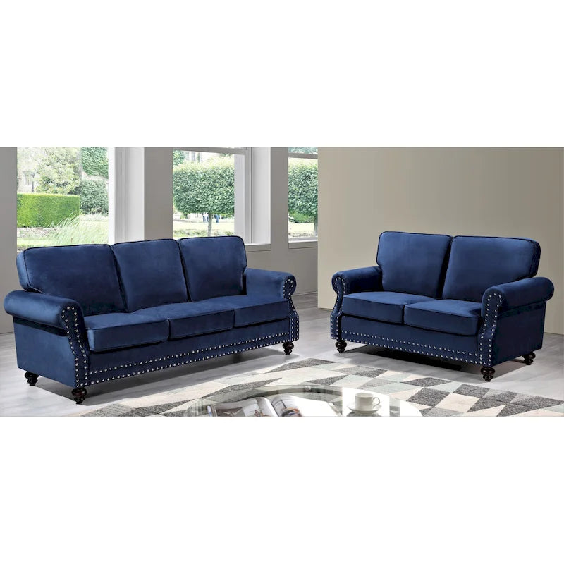 Ensemble 2 pièces Suffield en velours avec têtes de clou – Causeuse et Canapé
