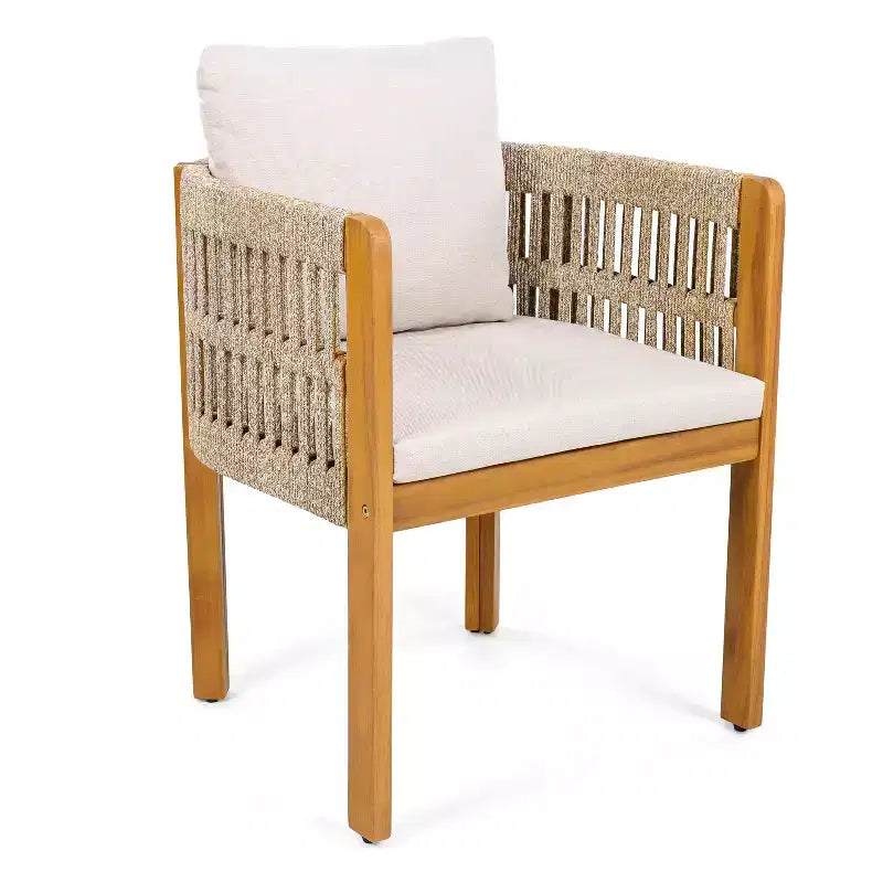 MAYEERTY Lot de 2 chaises de patio en bois d'acacia avec accoudoirs en corde et coussins en mousse imperméables, capacité de 180 kg
