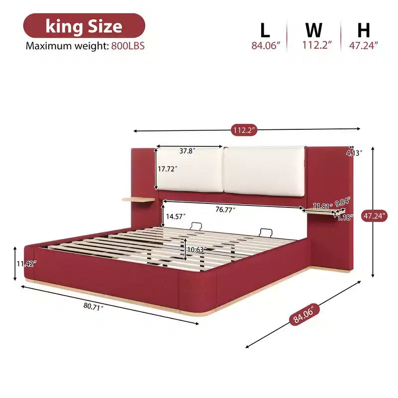 Cadre de lit plateforme capitonné Whisen King Size avec étagères de rangement latérales, tête de lit et panneau en PU doux, anti-collision, assemblage facile