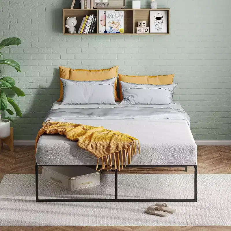 Cadre de lit double en métal de 14 pouces, plateforme robuste, lattes en acier solides, base de matelas, aucun sommier tapissier requis, montage facile, silencieux, noir
