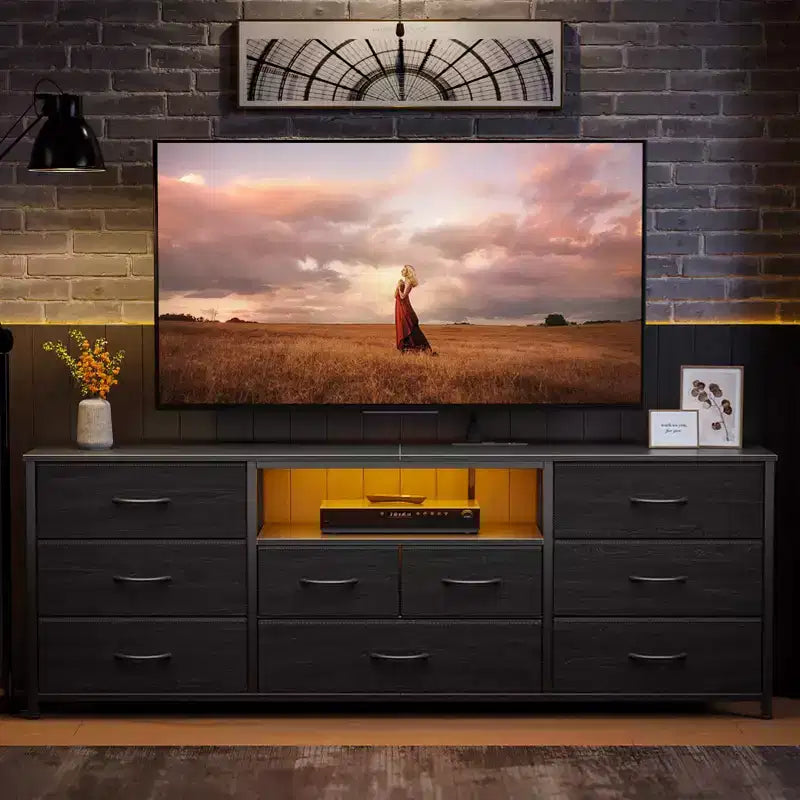 Commode large à 9 tiroirs pour chambre à coucher, coffre de rangement en tissu noir de 160 cm avec lumières LED et prises de courant, adapté pour téléviseur de 190 cm, meuble de rangement pour console média