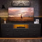 Commode large à 9 tiroirs pour chambre à coucher, coffre de rangement en tissu noir de 160 cm avec lumières LED et prises de courant, adapté pour téléviseur de 190 cm, meuble de rangement pour console média