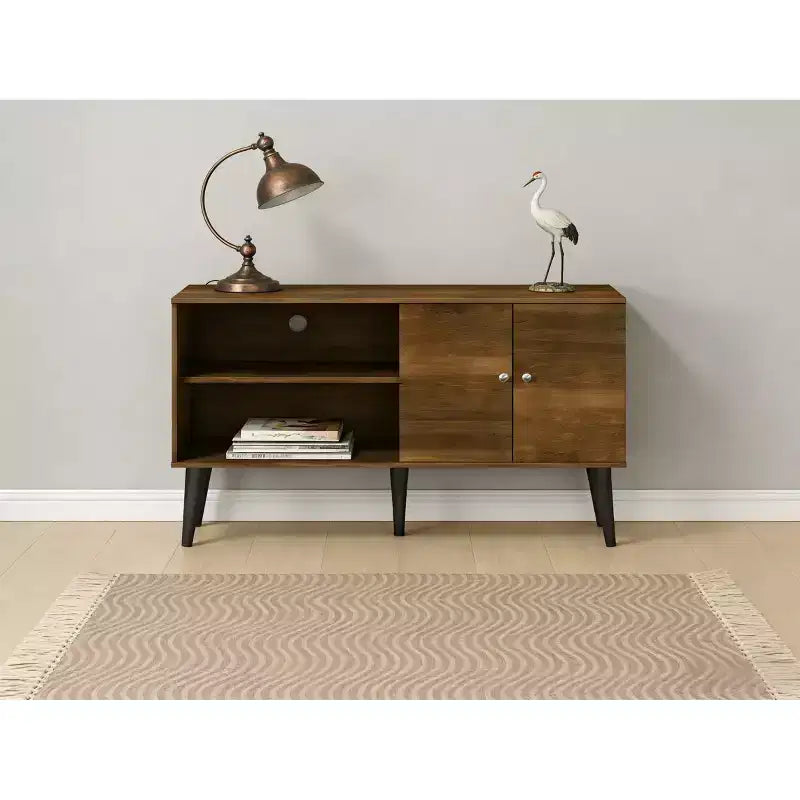 JVNOXK Meuble TV moderne de 120 cm pour salon, convient aux téléviseurs de moins de 50 pouces, avec 2 étagères de rangement et 1 placard, marron