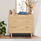 Commode 3 tiroirs en rotin VEVOR, Commode de placard en rotin naturel avec 3 tiroirs, Organisateur et rangement de vêtements de poitrine en bois moderne de style bohème, Couleur bois