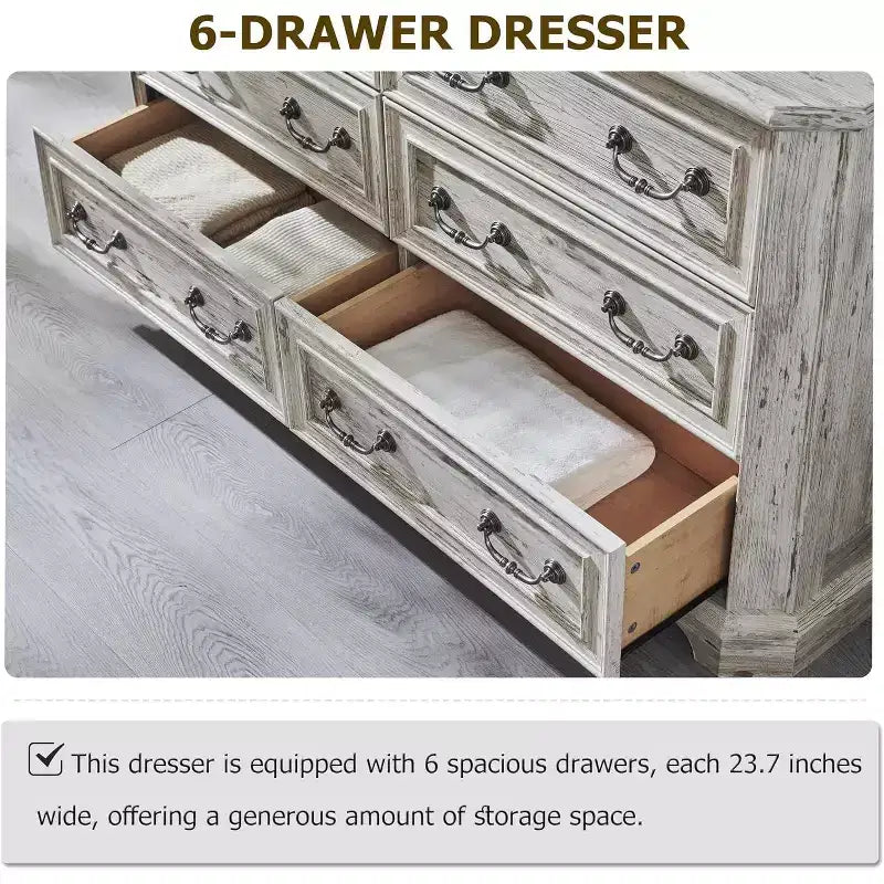 Commode à 6 tiroirs SinCiDo pour chambre à coucher, commode rustique en bois de style ferme, commode vintage de 54 po de largeur pour salon