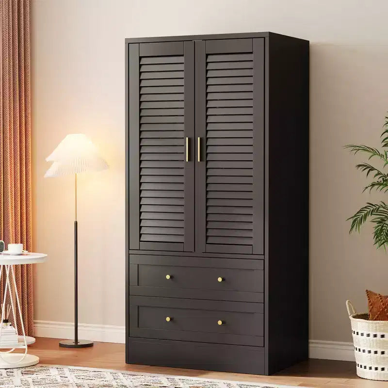 Armoire penderie à persiennes de 165 cm, Meuble de rangement en bois avec 2 portes et 2 tiroirs, Armoire de chambre avec tringle de suspension