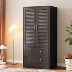 Armoire penderie à persiennes de 165 cm, Meuble de rangement en bois avec 2 portes et 2 tiroirs, Armoire de chambre avec tringle de suspension