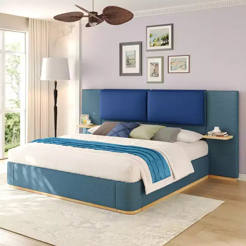 Cadre de lit plateforme capitonné Whisen King Size avec étagères de rangement latérales, tête de lit et panneau en PU doux, anti-collision, assemblage facile