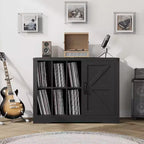 Meuble Tourne-Disque Noir en Bois de Style Ferme avec Porte Coulissante – Rangement de Vinyles pour 750 Albums, Étagères d'Exposition, Meuble TV Idéal pour Salon