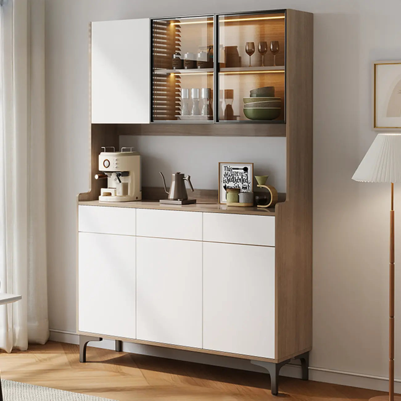 Buffet vaisselier en bois et verre avec partie haute