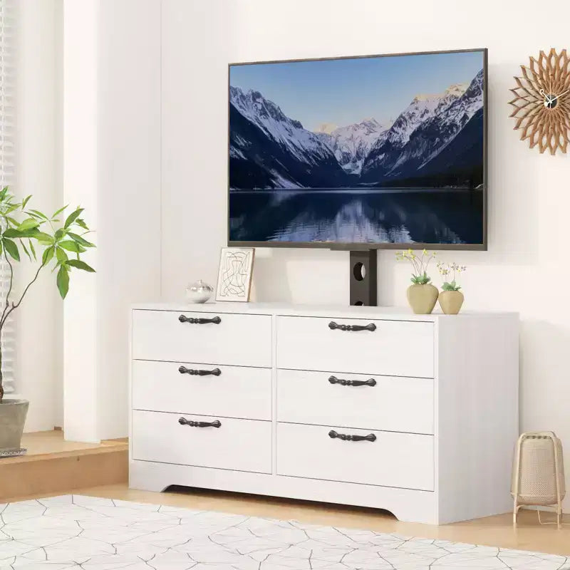 Meuble TV moderne de 63 pouces avec support pour téléviseur de 75 pouces, console multimédia à hauteur réglable avec 6 tiroirs, centre de divertissement robuste en MDF pour salon, chambre à coucher