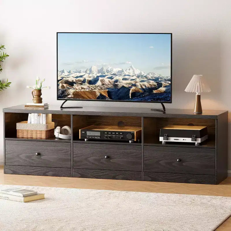 Meuble TV 70 po avec tiroir de rangement, Centre de divertissement pour téléviseurs jusqu'à 80 po, Meubles TV modernes pour salon et chambre