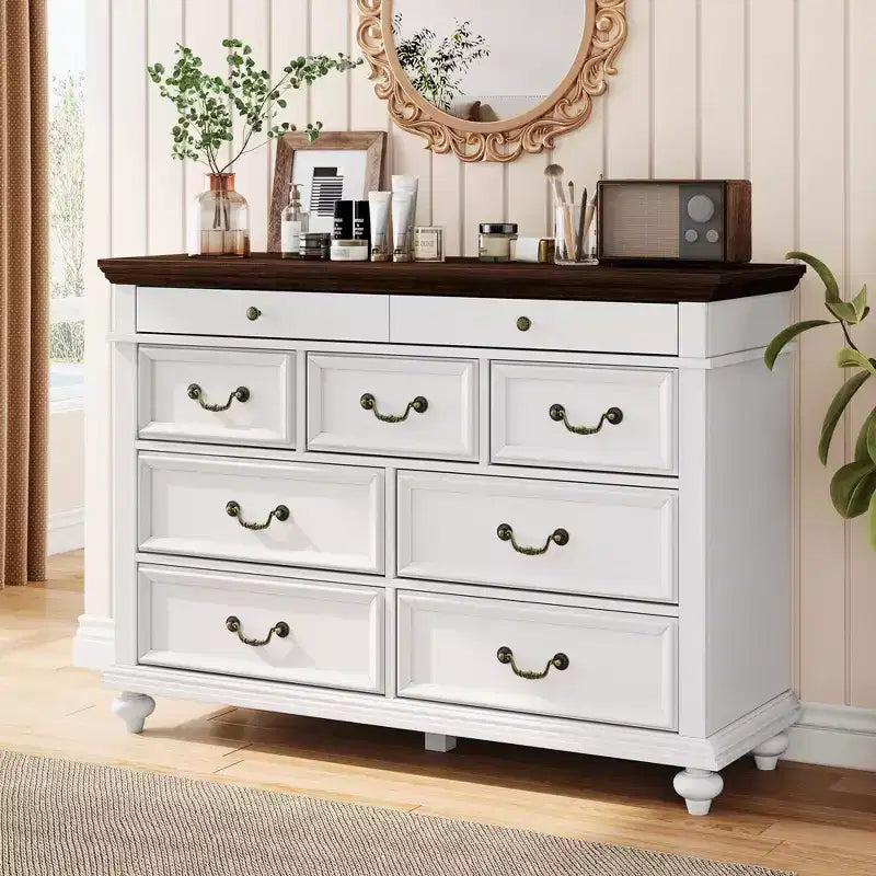 Commode de Ferme à 9 Tiroirs pour Chambre à Coucher, Large Commode Rustique en Bois de 47" avec 9 Tiroirs et Poignées en Métal, Grand Organiseur de Rangement
