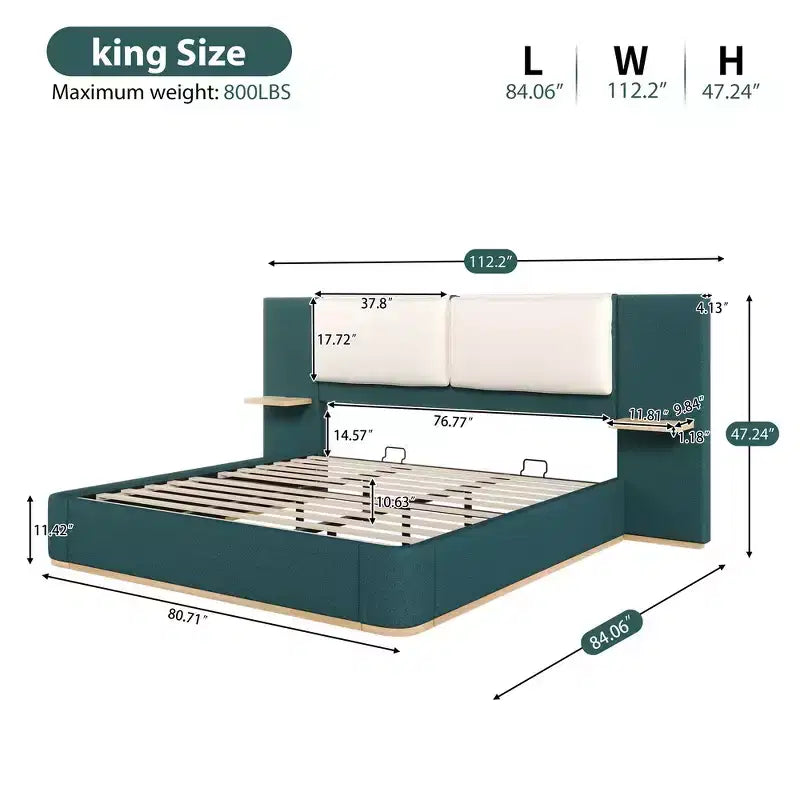 Cadre de lit plateforme capitonné Whisen King Size avec étagères de rangement latérales, tête de lit et panneau en PU doux, anti-collision, assemblage facile