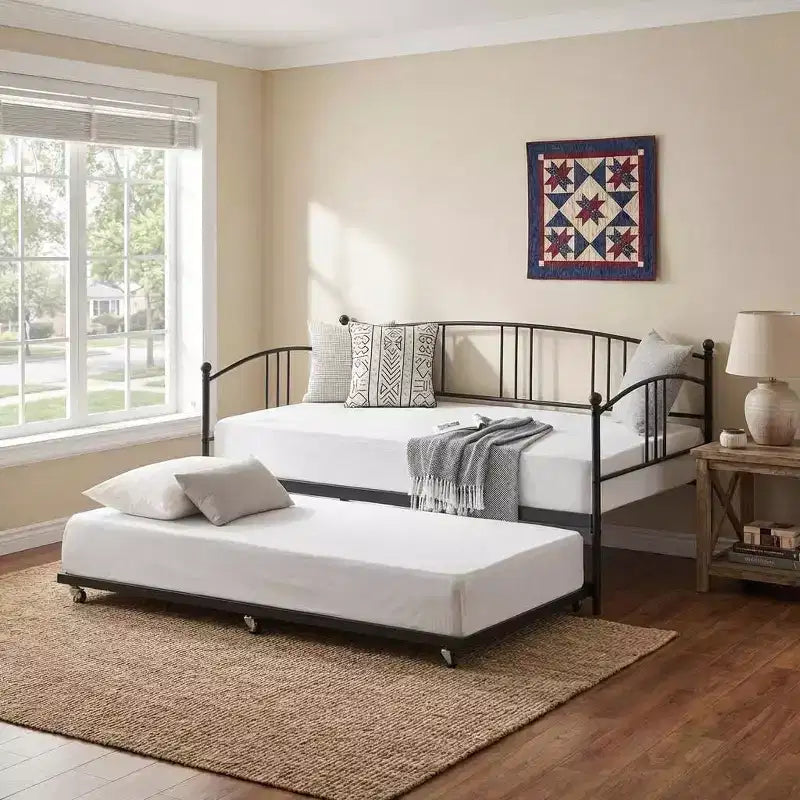Lit de repos COZONY avec lit gigogne, lit de jour double en métal avec lattes en acier, tête de lit arquée, lit d'appoint peu encombrant pour salon et chambre, noir