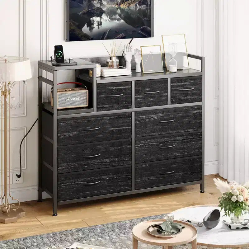 COZONY Commode de rangement à 9 tiroirs de 86,4 cm de haut et meuble TV, Tour de rangement en tissu, Rangement à cadre en acier robuste pour le salon, utilisation dans les petits espaces