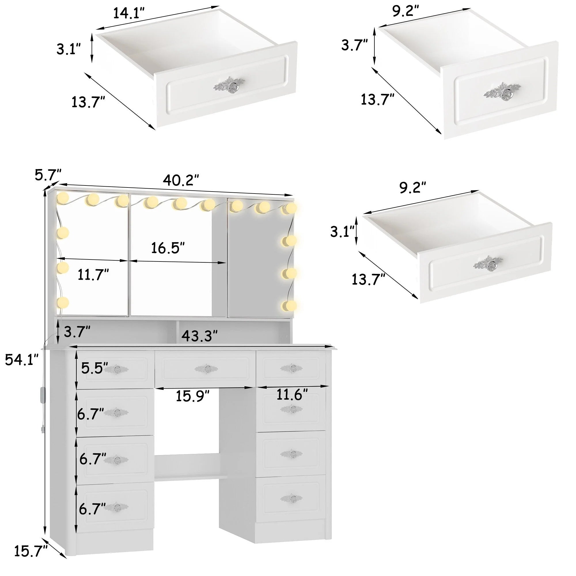 Coiffeuse moderne blanche avec miroir pliable éclairage réglable - 102,1 x 137,4 cm