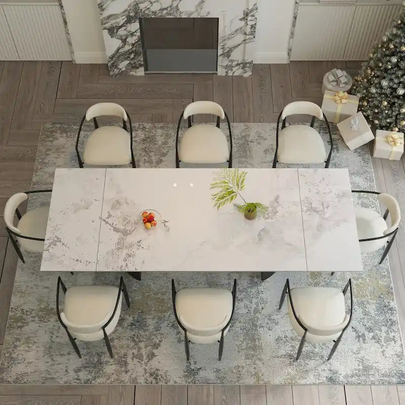 Ensemble de salle à manger extensible moderne et minimaliste 9 pièces 94.48 avec plateau en pierre frittée et double piédestal, avec 8 chaises en tissu
