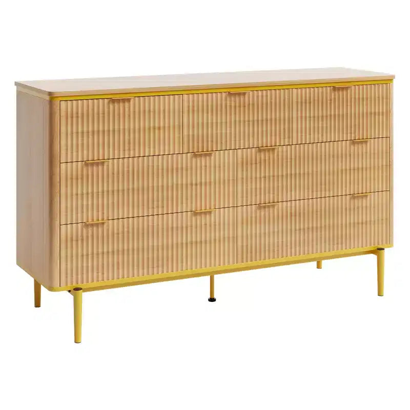 COZONY Commode cannelée 7 tiroirs, 137 cm de large, meuble de rangement moderne en bois avec design incurvé et poignées métalliques pour chambre à coucher ou salon
