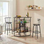 Table de bar industrielle ovale VECELO, table haute à 3 niveaux avec casier à vin et porte-verres, meuble de bar d'angle avec repose-pieds Marron/Gris/Chêne