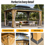 Tonnelle EROMMY à toit rigide, pergola extérieure avec double toit, moustiquaire et rideaux, auvent robuste pour patio, jardin, fête au bord de la piscine