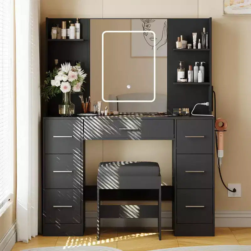 Coiffeuse avec miroir, lumières LED, prise de courant et tabouret, meuble de maquillage avec 7 tiroirs et 6 étagères de rangement, 3 modes de couleur, table de toilette