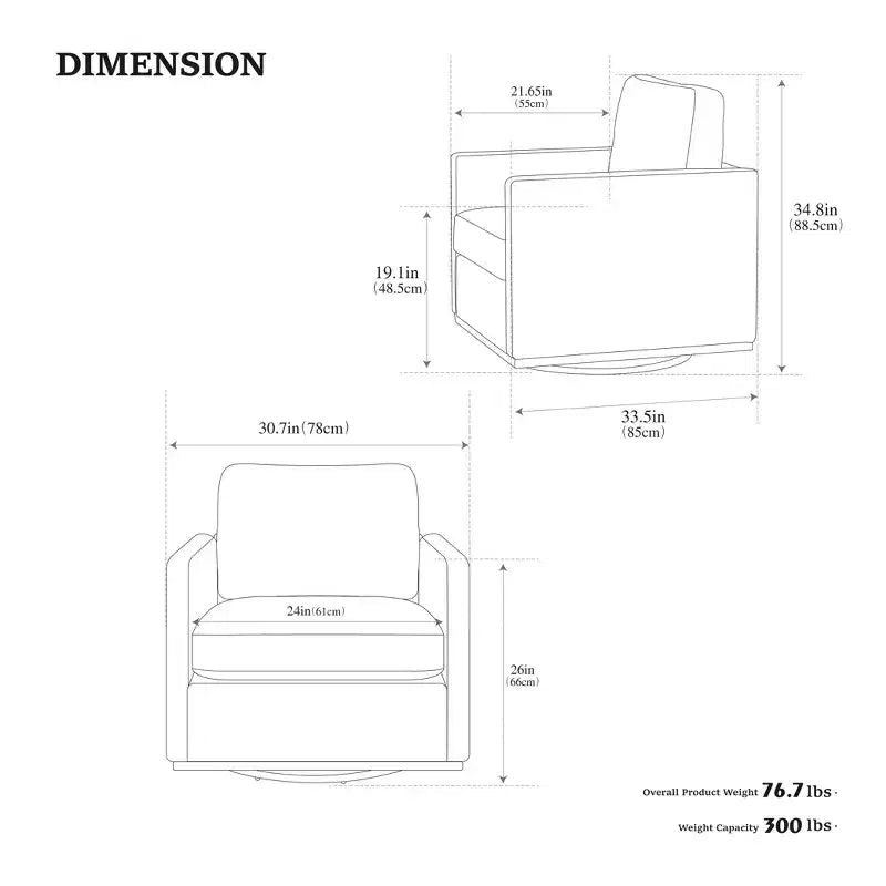 Fauteuil pivotant Etokfoks 30,7 pouces de large en PU marron, avec accoudoirs carrés, fauteuil de salon 360 degrés pour chambre à coucher