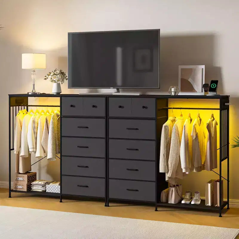 Commode de chambre large de 124 cm avec tringle à vêtements, commode réversible à 6 tiroirs, lumières LED et station de recharge USB, panneaux frontaux en tissu