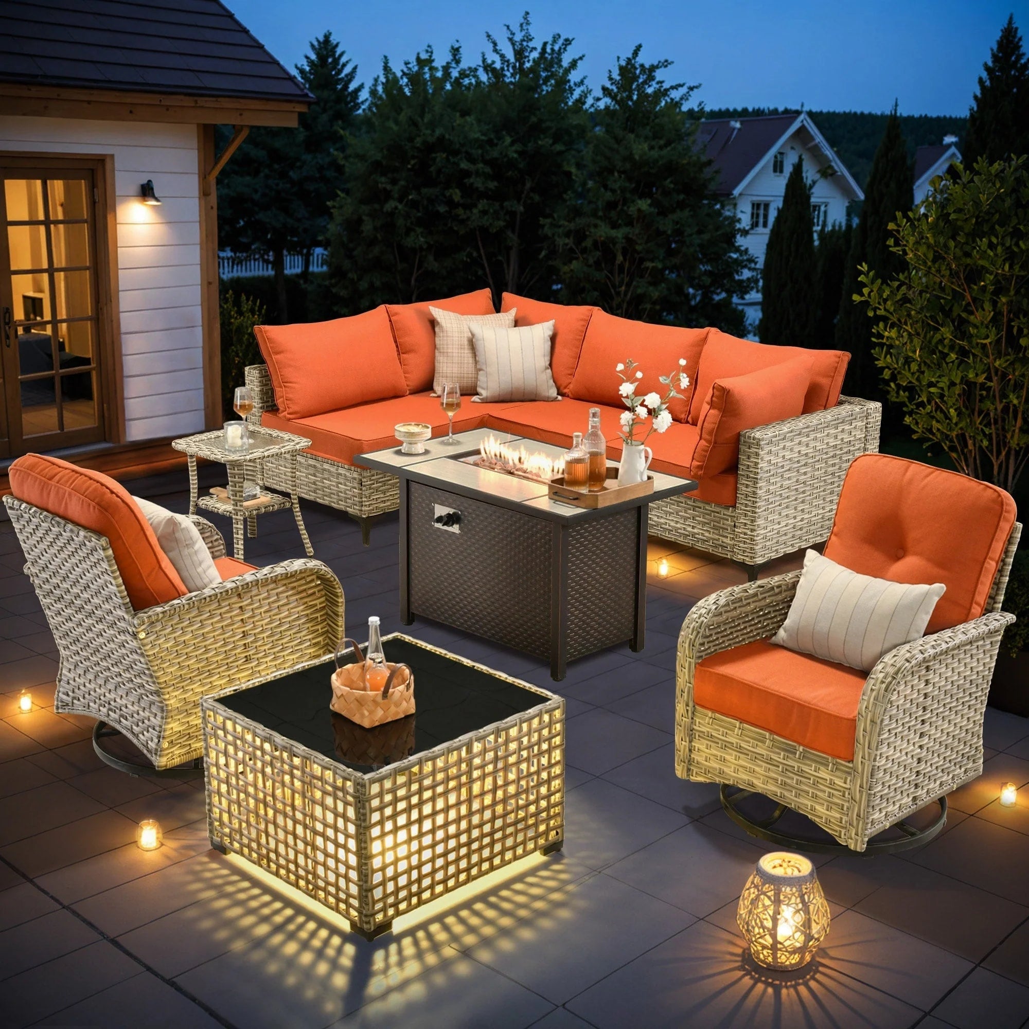 Ensemble de 9 chaises pivotantes en osier d'extérieur OVIOS avec table brasero