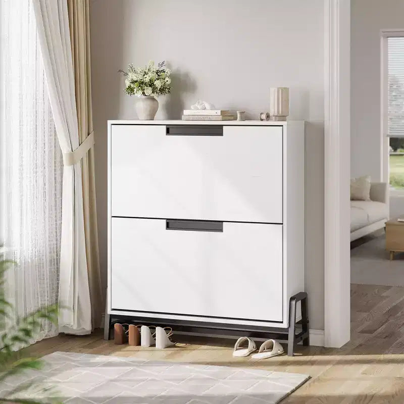 Meuble de rangement pour chaussures à 2 tiroirs basculants – avec pieds en métal, étagère réglable, organisateur de chaussures étroit pour entrée, foyer, couloir, salon