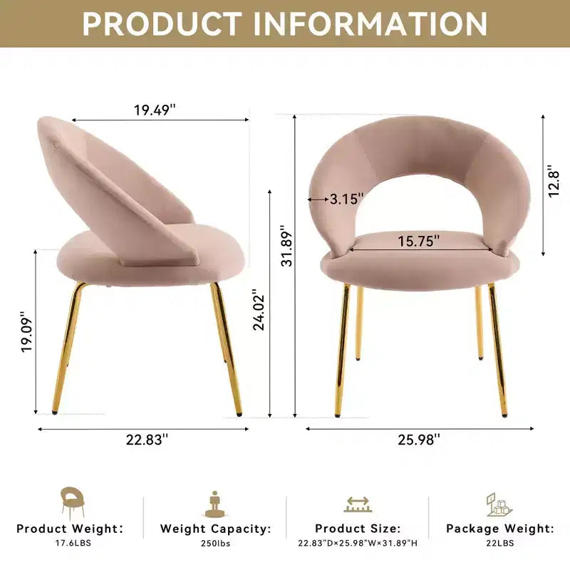 Lot de 1 chaises de salle à manger en velours avec dossier incurvé et pieds en métal doré pour la cuisine ou la salle à manger, blanc