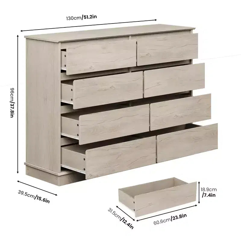 Commode double COZONY 51 po de large à 8 tiroirs – Grande commode horizontale avec tiroirs profonds et plateau large pour chambre, dressing, salon et couloir