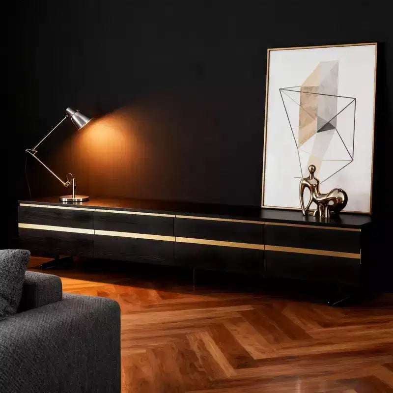 Meuble TV et console média noir Luck Live Farmhouse 86.61 avec tiroirs de rangement dissimulés, armoires fermées, pieds en métal et gestion des câbles