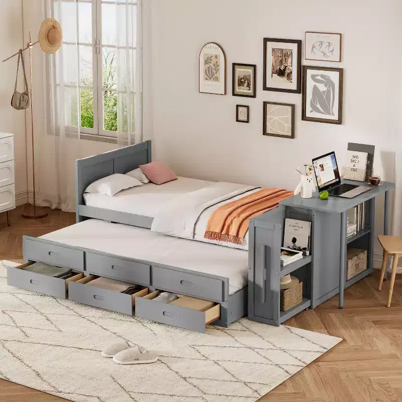 Lit plate-forme en bois simple avec bureau et étagère de rangement, Cadre de lit en bois simple/grand avec lit gigogne et 3 tiroirs