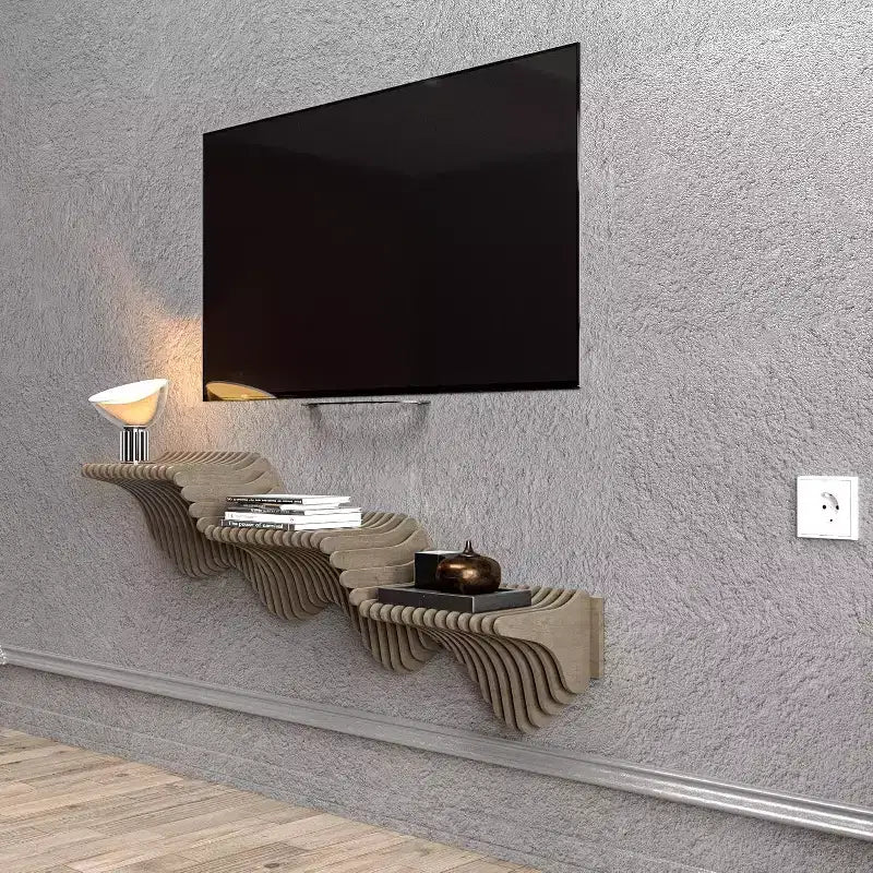 Meuble TV mural flottant HomeStock Parametric de 102 cm, étagère murale géométrique moderne en bois, décor couleur chêne naturel, étagère ondulée 3D pour salon et salle de jeux