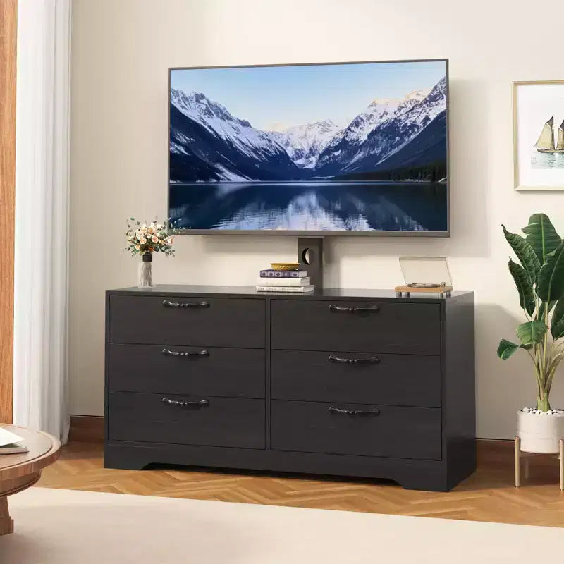 Meuble TV moderne de 63 pouces avec support pour téléviseur de 75 pouces, console multimédia à hauteur réglable avec 6 tiroirs, centre de divertissement robuste en MDF pour salon, chambre à coucher