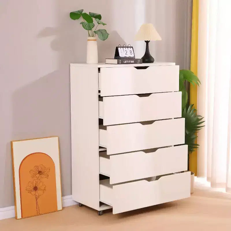JVNOXK Meuble à cinq tiroirs de 76 cm avec 4 roulettes, meuble de rangement moderne avec poignées découpées, tiroirs à glissement fluide, blanc