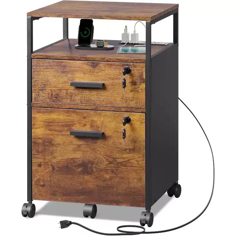 Classeur à 2 tiroirs, support d'imprimante mobile avec étagère de rangement ouverte, meuble de classement en bois pour documents A4 ou format lettre pour bureau à domicile