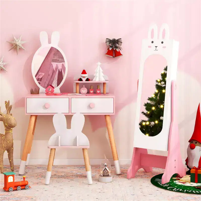 Ensemble Coiffeuse et Chaise Blanches pour Enfants avec Armoire à Bijoux Thème Princesse