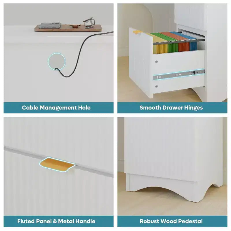 Bureau d'angle Bestier de 140 cm avec tiroirs, bureau d'ordinateur de bureau avec coins arrondis, support d'écran et panneaux cannelés, blanc et noyer