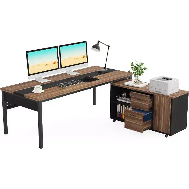 Bureau de direction en L Tribesigns 70.86 avec meuble de classement combiné