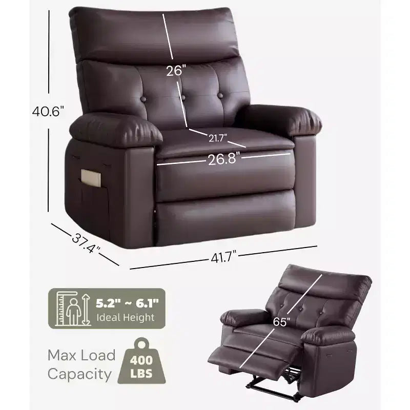 Fauteuil inclinable en cuir surdimensionné, inclinable manuel extra large, chaise longue avec accoudoirs et dossier confortables en éponge 1,5X pour salon, chambre