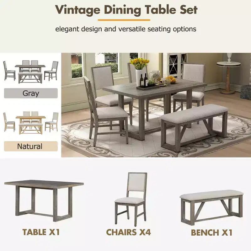Ensemble de salle à manger GDFStudio Monica 6 pièces avec table en bois de 152 cm et chaises et banc rembourrés