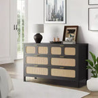 Commode à 6 tiroirs en rotin, poignées en métal, pieds en bois, style bohème et ferme, rangement chêne pour chambre, salon, couloir, entrée